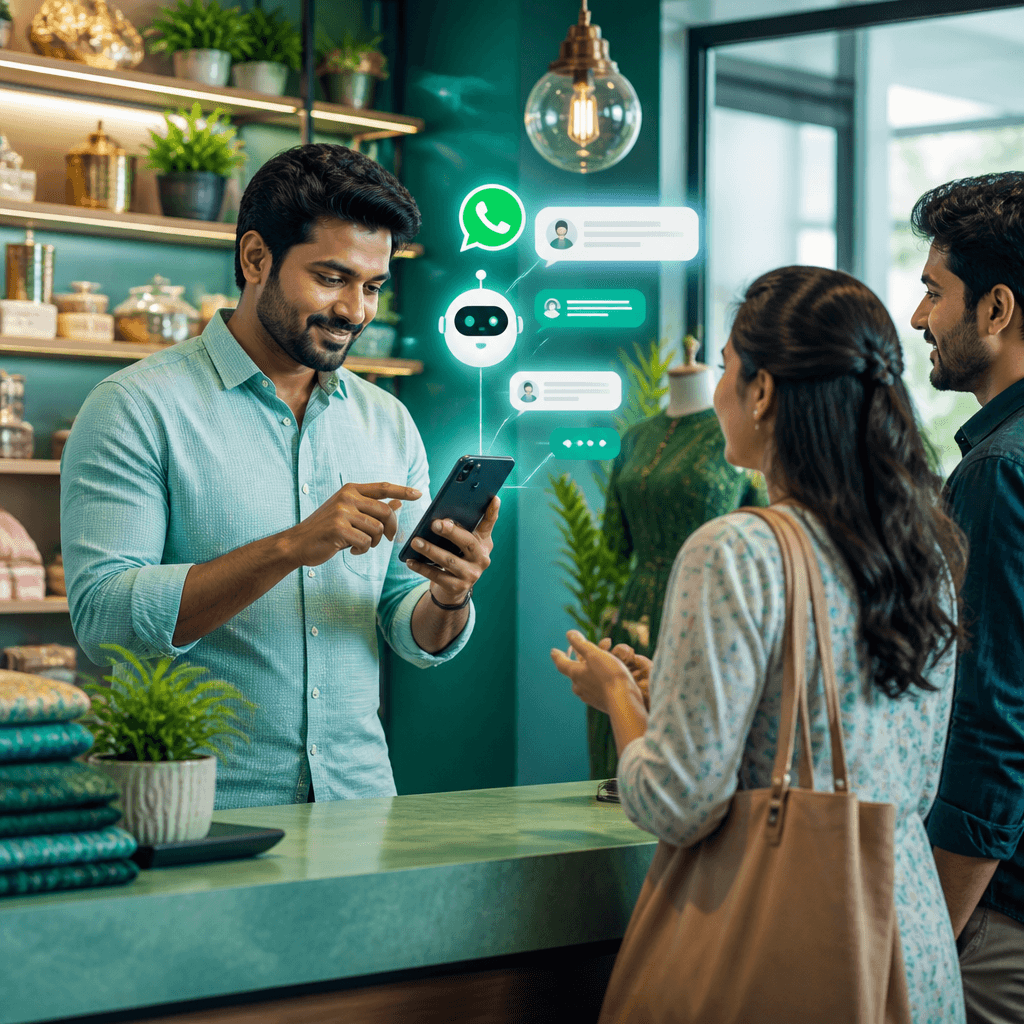 Indian small business owner using an AI assistant on WhatsApp