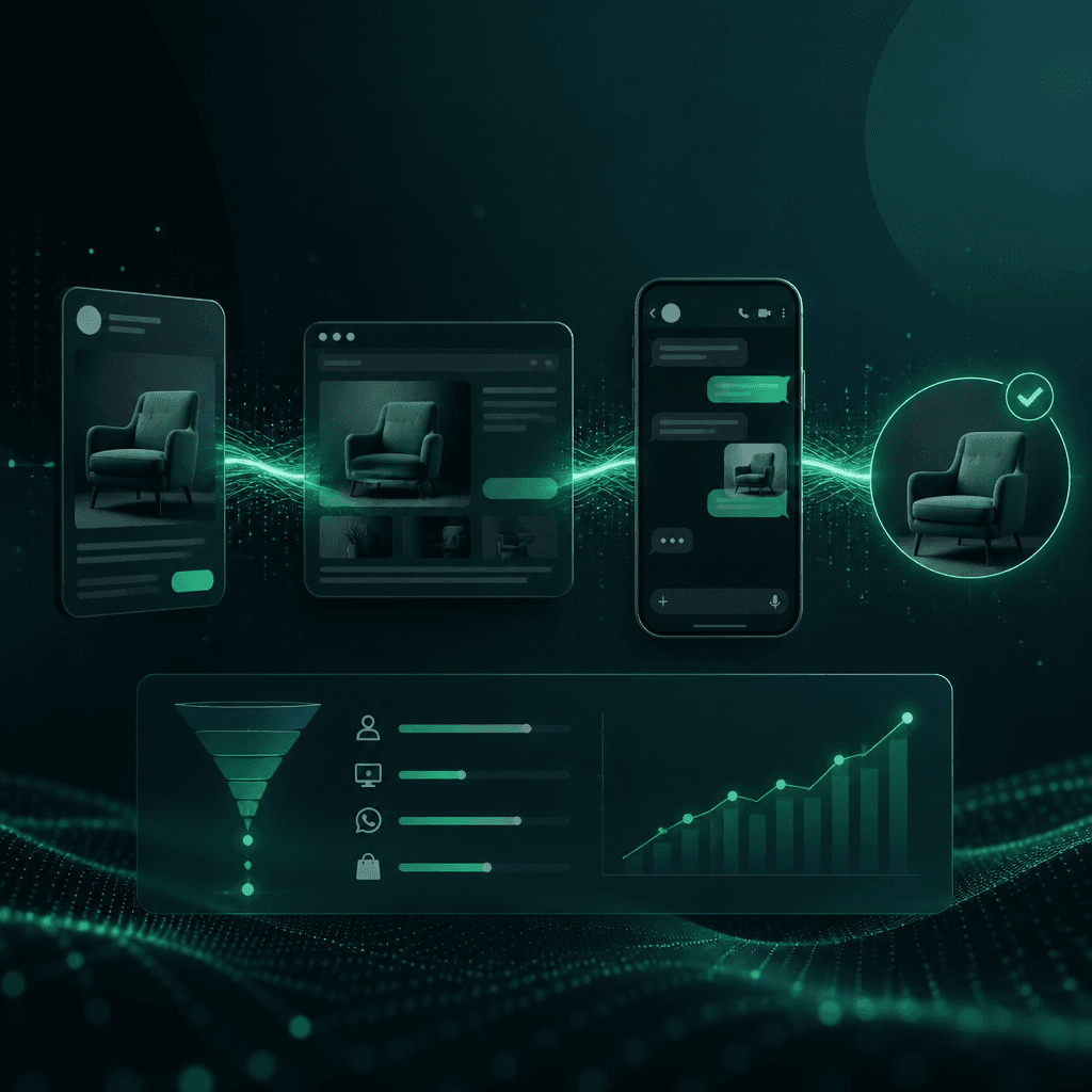 Customer journey connecting an advertisement, WhatsApp conversation, and analytics chart