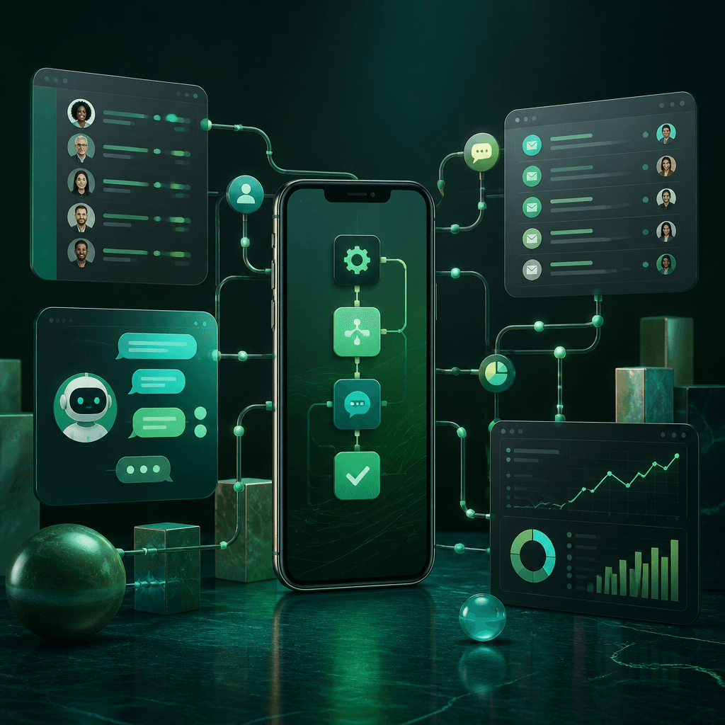 WhatsApp API automation workflow connecting CRM, chatbot, inbox, and analytics