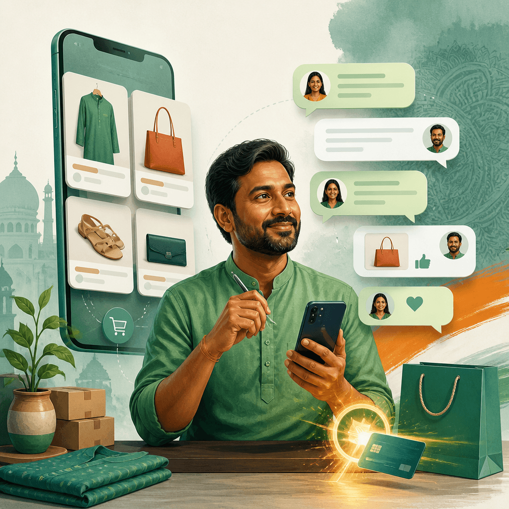 WhatsApp commerce journey connecting a product catalog, conversation, and payment